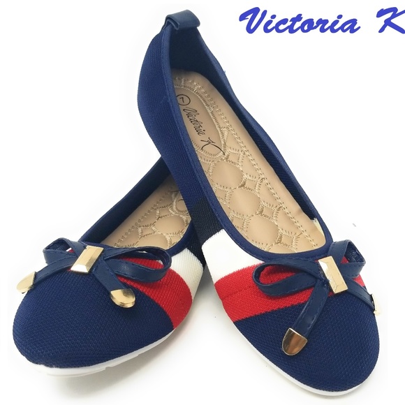 Victoria K Shoes - Women's Knit Ballet Flats w. Bow, KT-1802, Navy